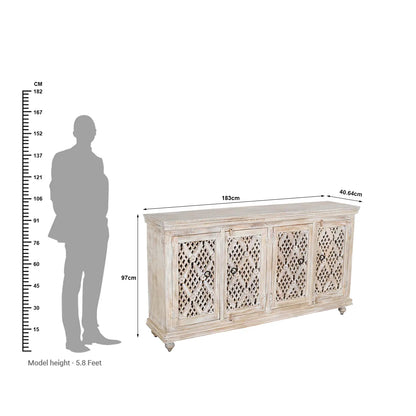 4 Door Sideboard - White Wash Finish | Hand-Carved Traditional Design | Solid Mango Wood - Furniza