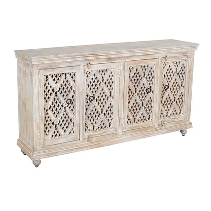 4 Door Sideboard - White Wash Finish | Hand-Carved Traditional Design | Solid Mango Wood - Furniza
