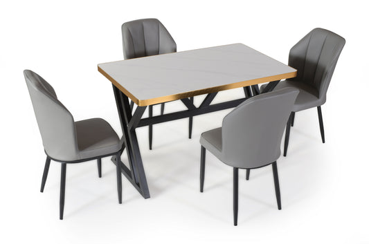 6 Seater Marble Top Dining Table – Gold Edge with Modern Iron Base FURNIZA