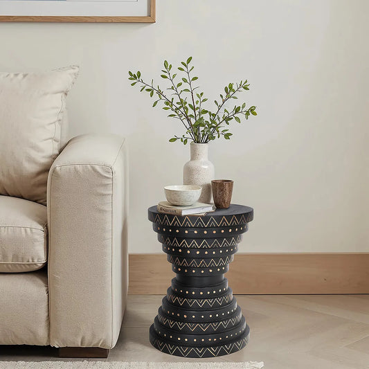 Furniza Black Side Table with Hand-Carved Leaf Pattern – Artisan Wooden Accent Table