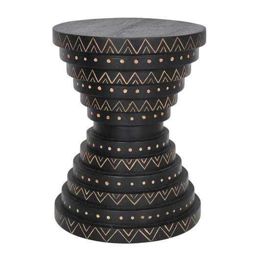 Furniza Black Side Table with Hand-Carved Leaf Pattern – Artisan Wooden Accent Table