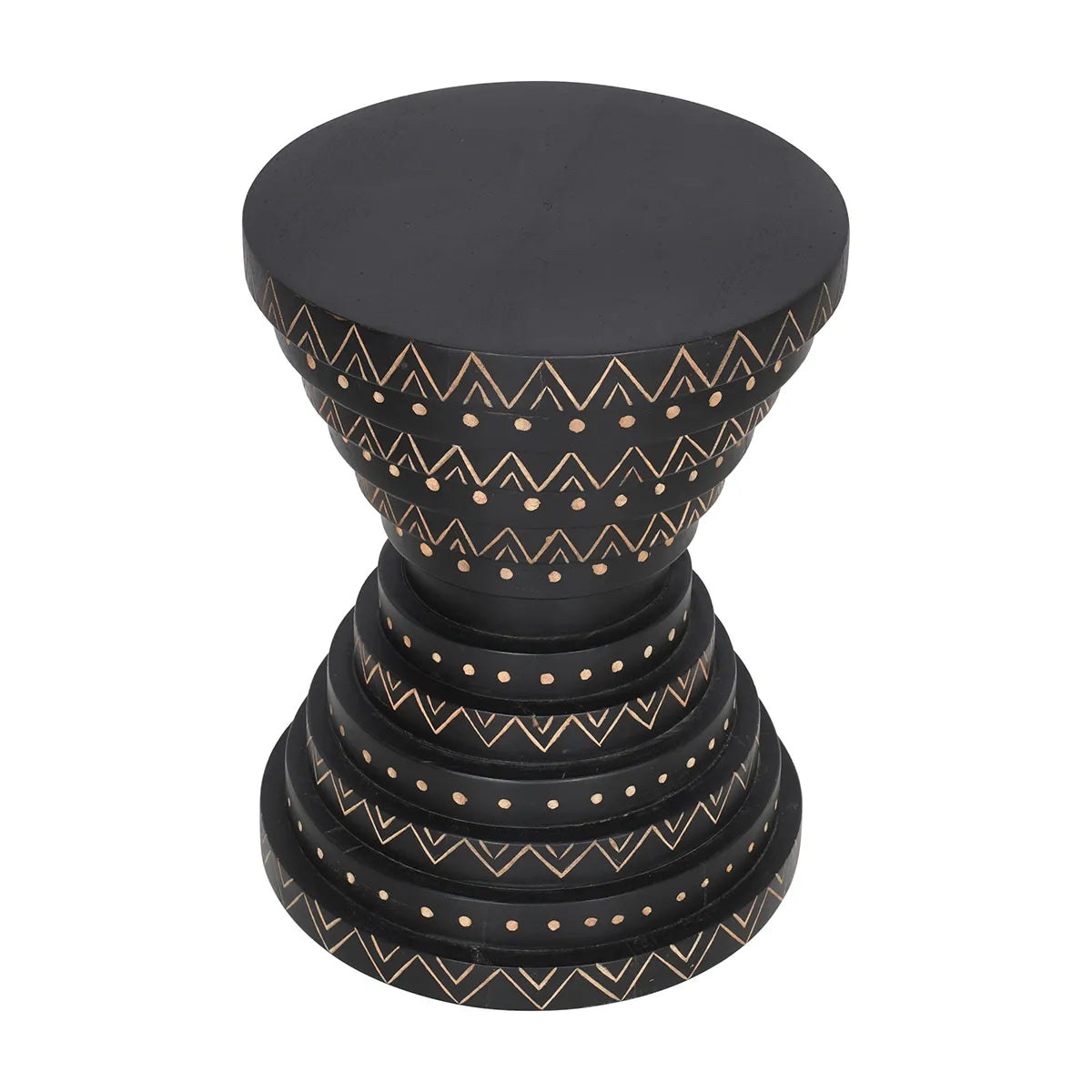 Furniza Black Side Table with Hand-Carved Leaf Pattern – Artisan Wooden Accent Table - Furniza