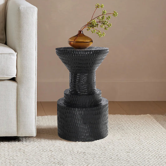 Hand-Carved Bold Black Side Table – Modern Sculptural Accent Table