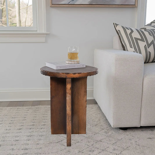 Rustic Hand-Carved Walnut Finish Side Table – Unique Accent Table