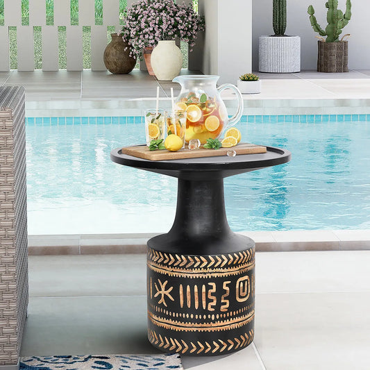 Black Carved Side Table with Tribal Leaf Motif – Accent Table