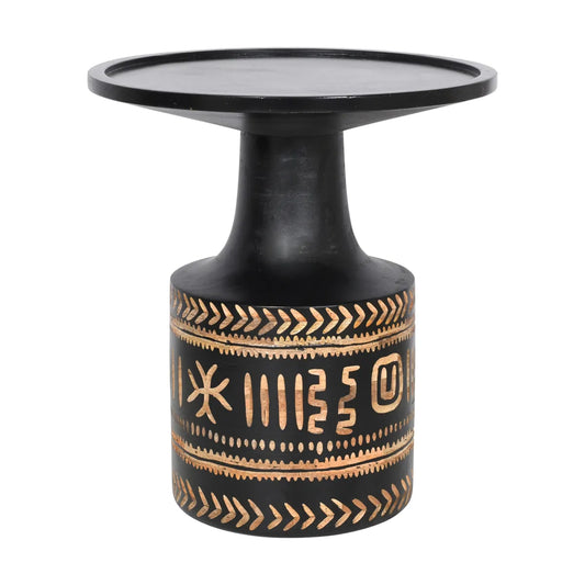 Black Carved Side Table with Tribal Leaf Motif – Accent Table