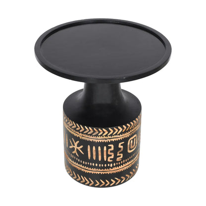 Black Carved Side Table with Tribal Leaf Motif – Accent Table