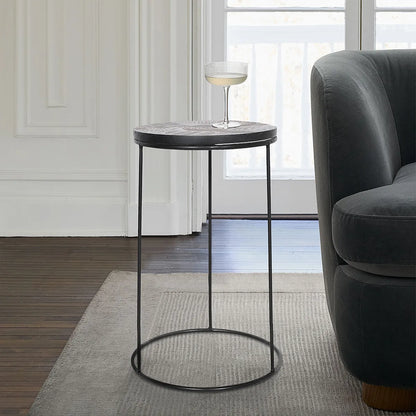 Hand-Carved Black Side Table with Iron Base – Modern Minimal Accent Table