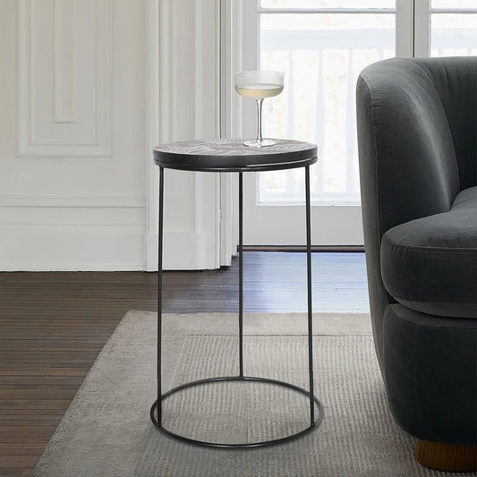 Hand-Carved Black Side Table with Iron Base – Modern Minimal Accent Table