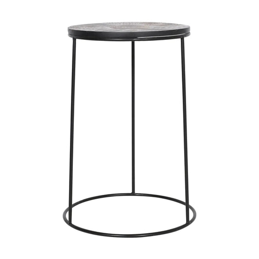 Hand-Carved Black Side Table with Iron Base – Modern Minimal Accent Table