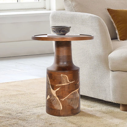 Walnut Side Table with Hand-Carved Bird & Leaf Motif – Artisan Wooden Accent Table