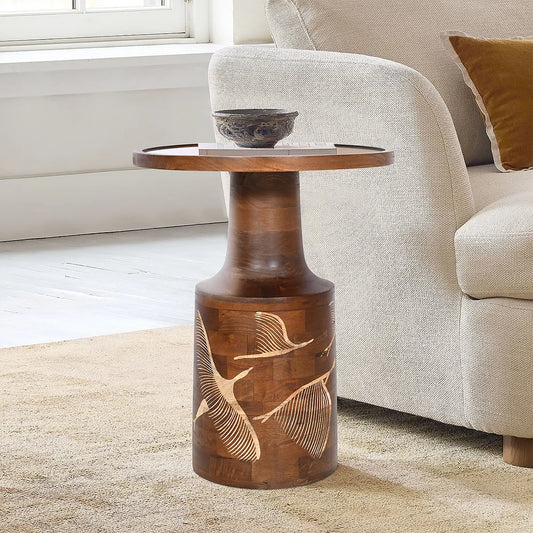 Walnut Side Table with Hand-Carved Bird & Leaf Motif – Artisan Wooden Accent Table