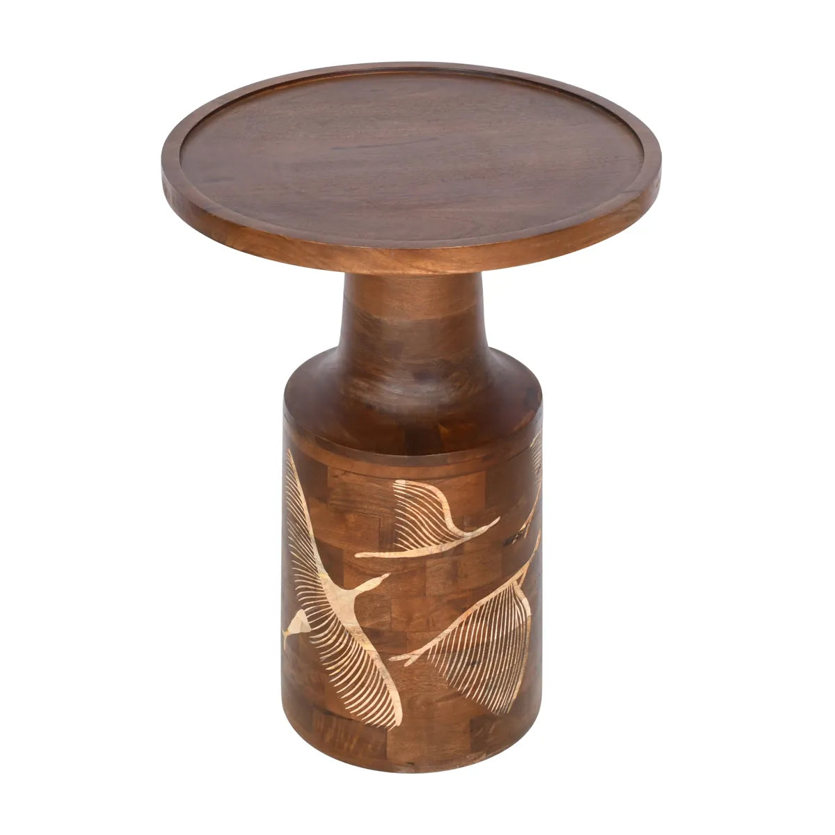 Walnut Side Table with Hand-Carved Bird & Leaf Motif – Artisan Wooden Accent Table