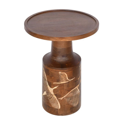 Walnut Side Table with Hand-Carved Bird & Leaf Motif – Artisan Wooden Accent Table