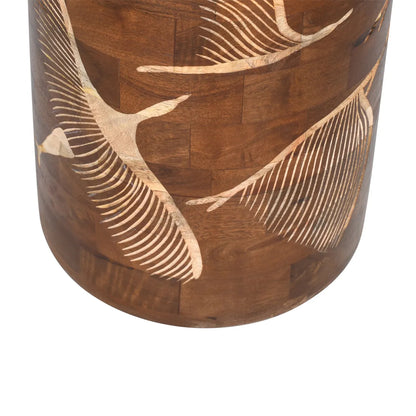 Walnut Side Table with Hand-Carved Bird & Leaf Motif – Artisan Wooden Accent Table