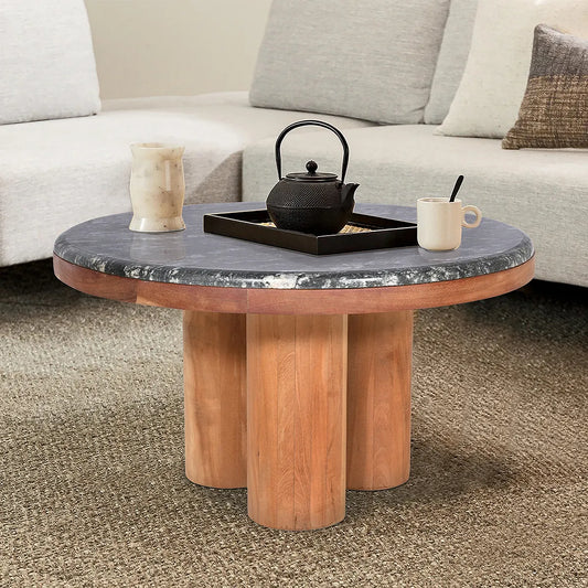 Natural Wood Coffee Table with Black Marble Top – Modern Luxury Center Table - Furniza