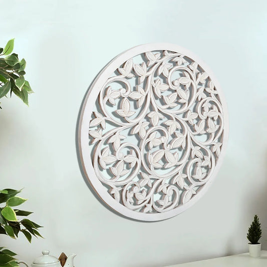 White Wash Hand-Carved Wall Panel with Leaves & Flowers
