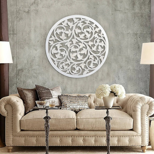 White Wash Hand-Carved Wall Panel with Leaves & Flowers