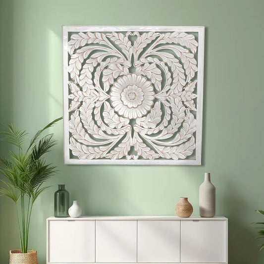 White Wash Floral Hand-Carved Wall Panel