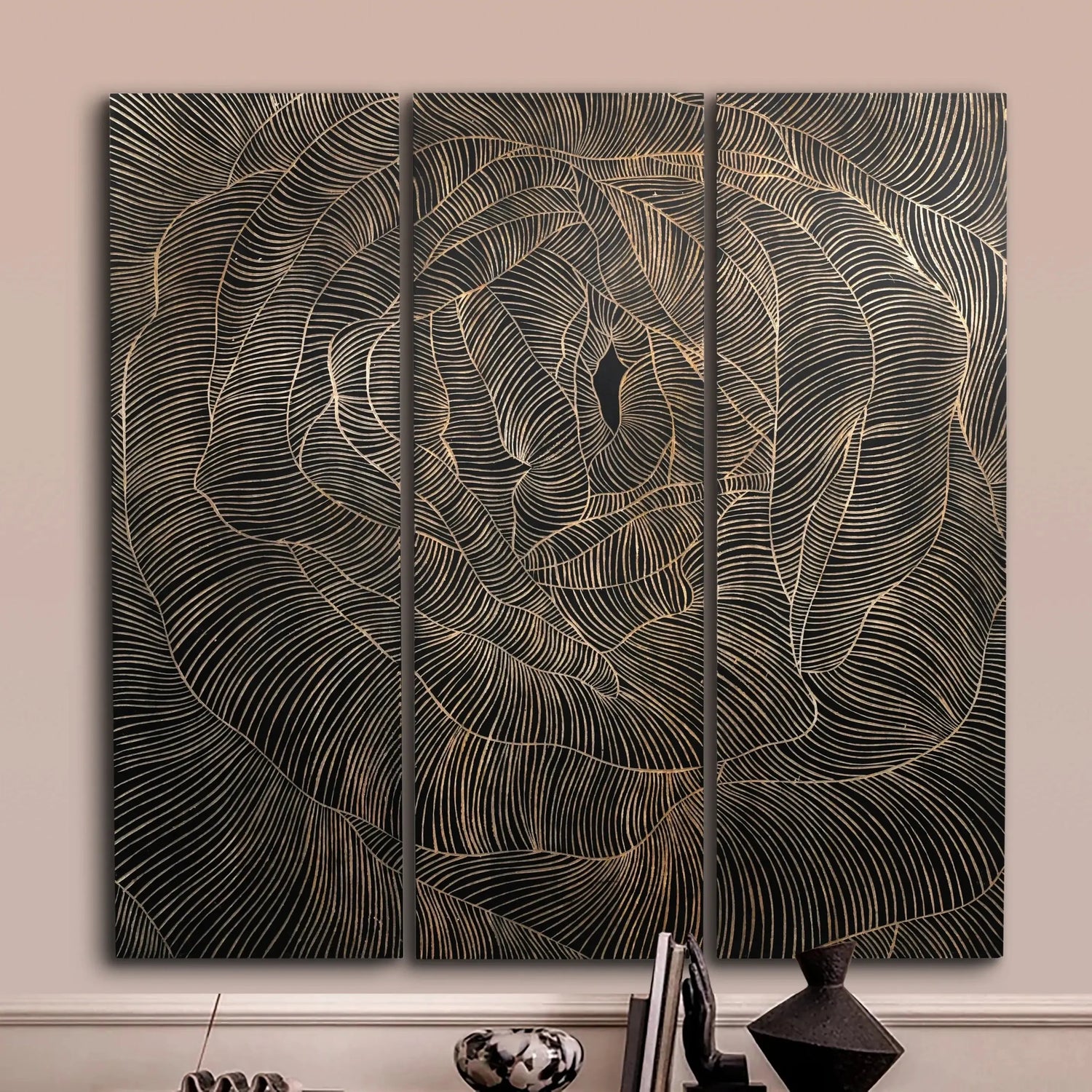 Black Finish Luxury Hand-Carved Rose Wall Panel - Furniza