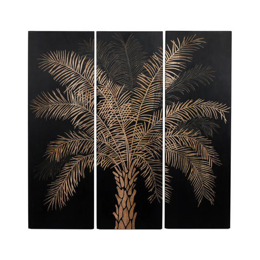 Set of 3 Black Finish Hand-Carved Palm Tree Wall Panels