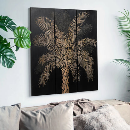 Set of 3 Black Finish Hand-Carved Palm Tree Wall Panels