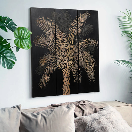 Set of 3 Black Finish Hand-Carved Palm Tree Wall Panels