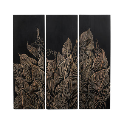 Set of 3 Hand-Carved Leaf Wall Panels in Black Finish