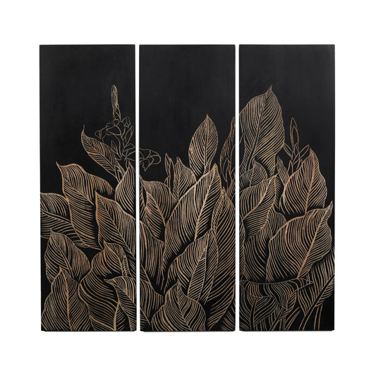 Set of 3 Hand-Carved Leaf Wall Panels in Black Finish