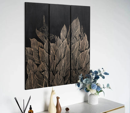 Set of 3 Hand-Carved Leaf Wall Panels in Black Finish