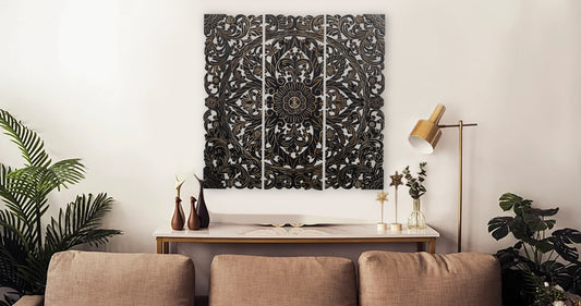 Set of 3 Black Finish Traditional Hand-Carved Wall Panels