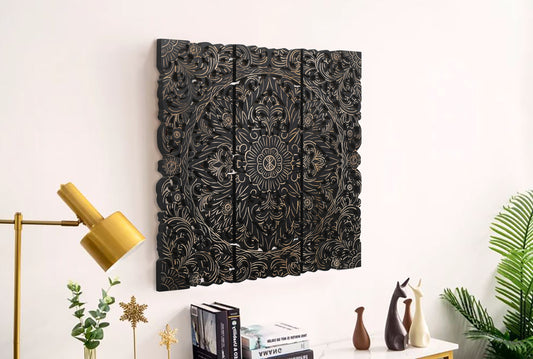 Set of 3 Black Finish Traditional Hand-Carved Wall Panels