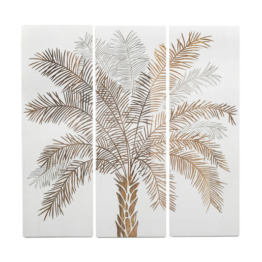 Hand-Carved Palm Tree Wall Panels – Set of 3 in White Finish