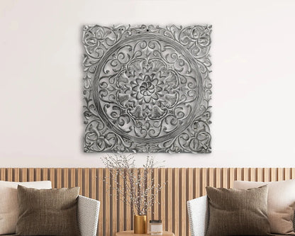 Hand-Carved Wall Panel in Grey Finish