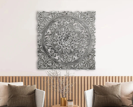 Hand-Carved Wall Panel in Grey Finish