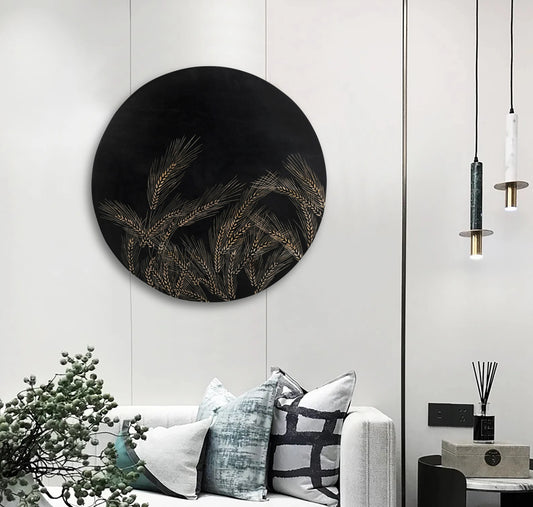 Hand-Carved Wheat Grain Leaf Wall Panel in Black Finish