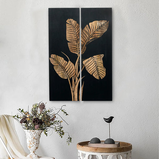 Black Hand-Carved Banana Leaf Wall Panels – Set of 2