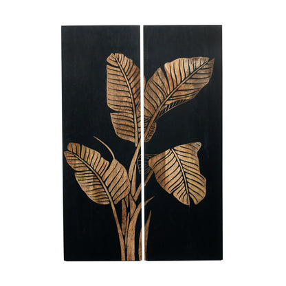 Black Hand-Carved Banana Leaf Wall Panels – Set of 2