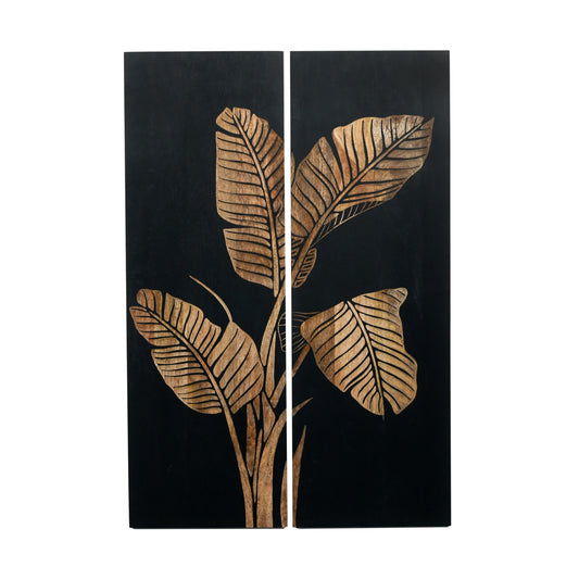 Black Hand-Carved Banana Leaf Wall Panels – Set of 2