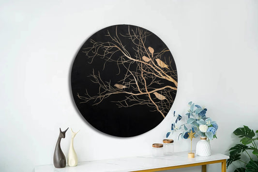 Hand-Carved Birds on Tree Wall Panel in Black Finish