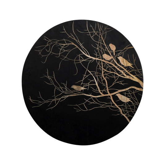 Hand-Carved Birds on Tree Wall Panel in Black Finish