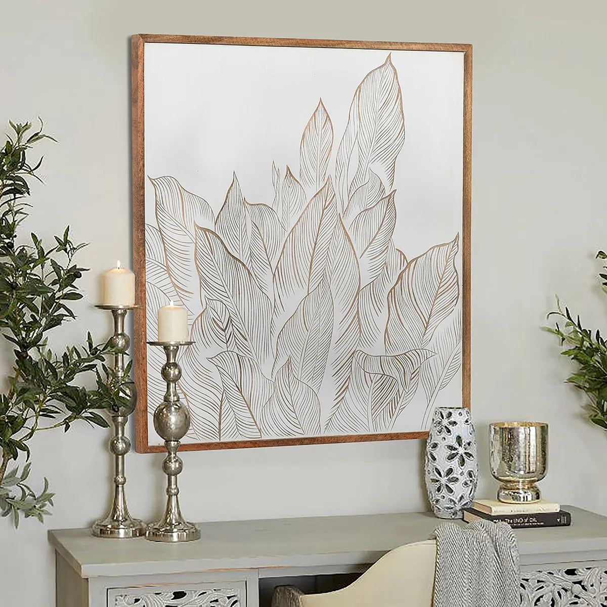 Modern White Wall Panel with Hand-Carved Leaf Design - Furniza