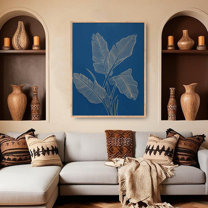 Hand-Carved Banana Leaf Wall Panel in Navy Blue & Natural Wood Frame – Artistic Wall Décor