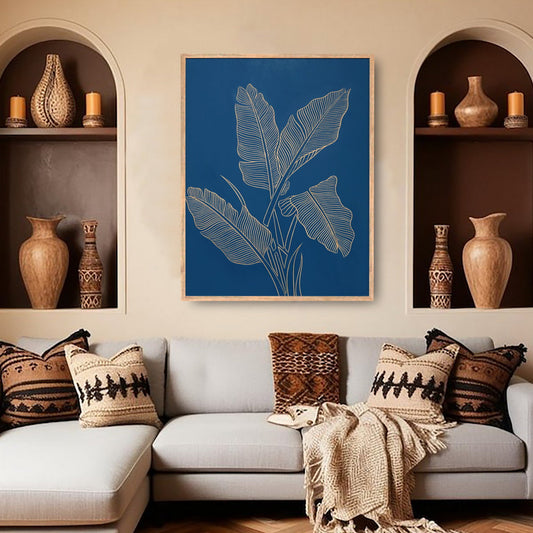 Hand-Carved Banana Leaf Wall Panel in Navy Blue & Natural Wood Frame – Artistic Wall Décor