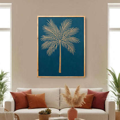 Hand-Carved Palm Leaf Wall Panel in Teal & Natural Wood Frame – Tropical Wall Decor