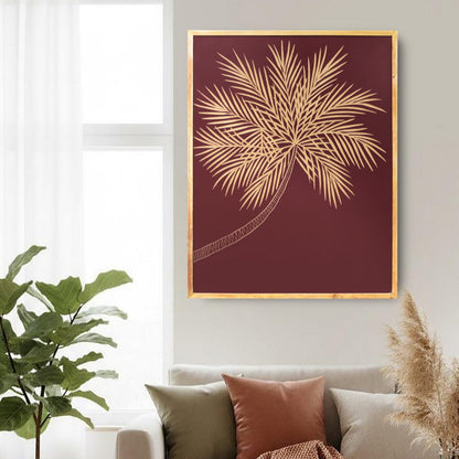 Hand-Carved Palm Leaf Wall Panel in Maroon & Natural Wood Frame – Elegant Wall Décor