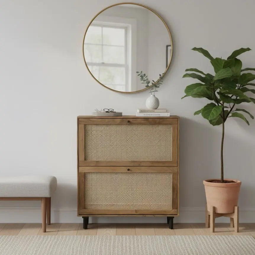 Solid Acacia Wood Shoe Rack with Cane Detailing – Handcrafted FURNIZA