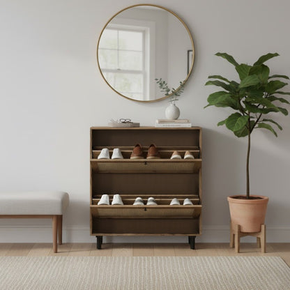 Solid Acacia Wood Shoe Rack with Cane Detailing – Handcrafted