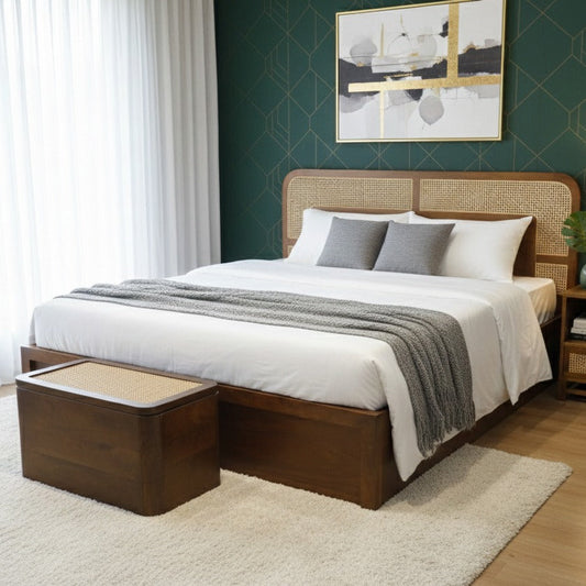 Walnut Finish Rattan King Bed with Woven Cane Headboard