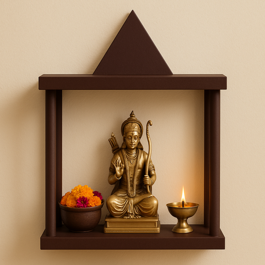 Traditional Brown MDF Wooden Temple with Shikhara Top – Compact Open Pooja Mandir - Furniza